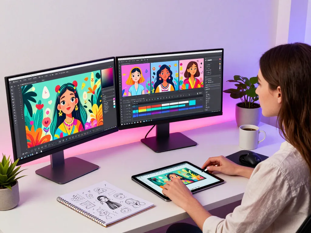 Dynamic scene of an artist using nano banana 2 AI editor in a modern creative workspace, illustrating vibrant artwork.