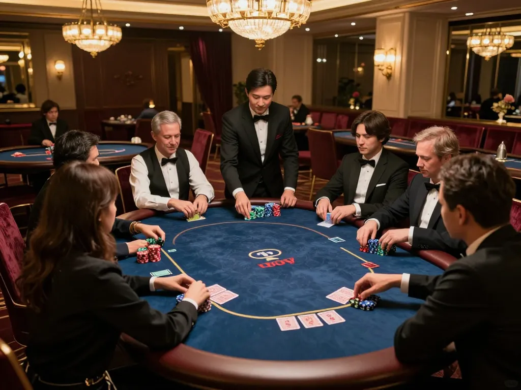 Người chơi Hitclub tham gia vào bàn poker thanh lịch dưới những chiếc đèn chùm ấm áp, thể hiện lối chơi năng động.
