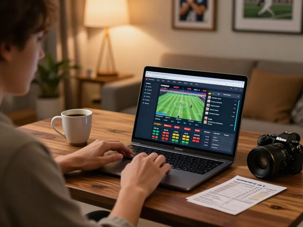 Person enjoying online sports betting on BL555 from a cozy home setup with sports-themed decor.