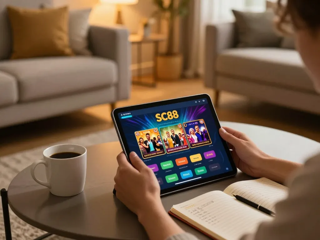 Savvy player engaging with the SC88 app on their tablet for exciting online gaming.