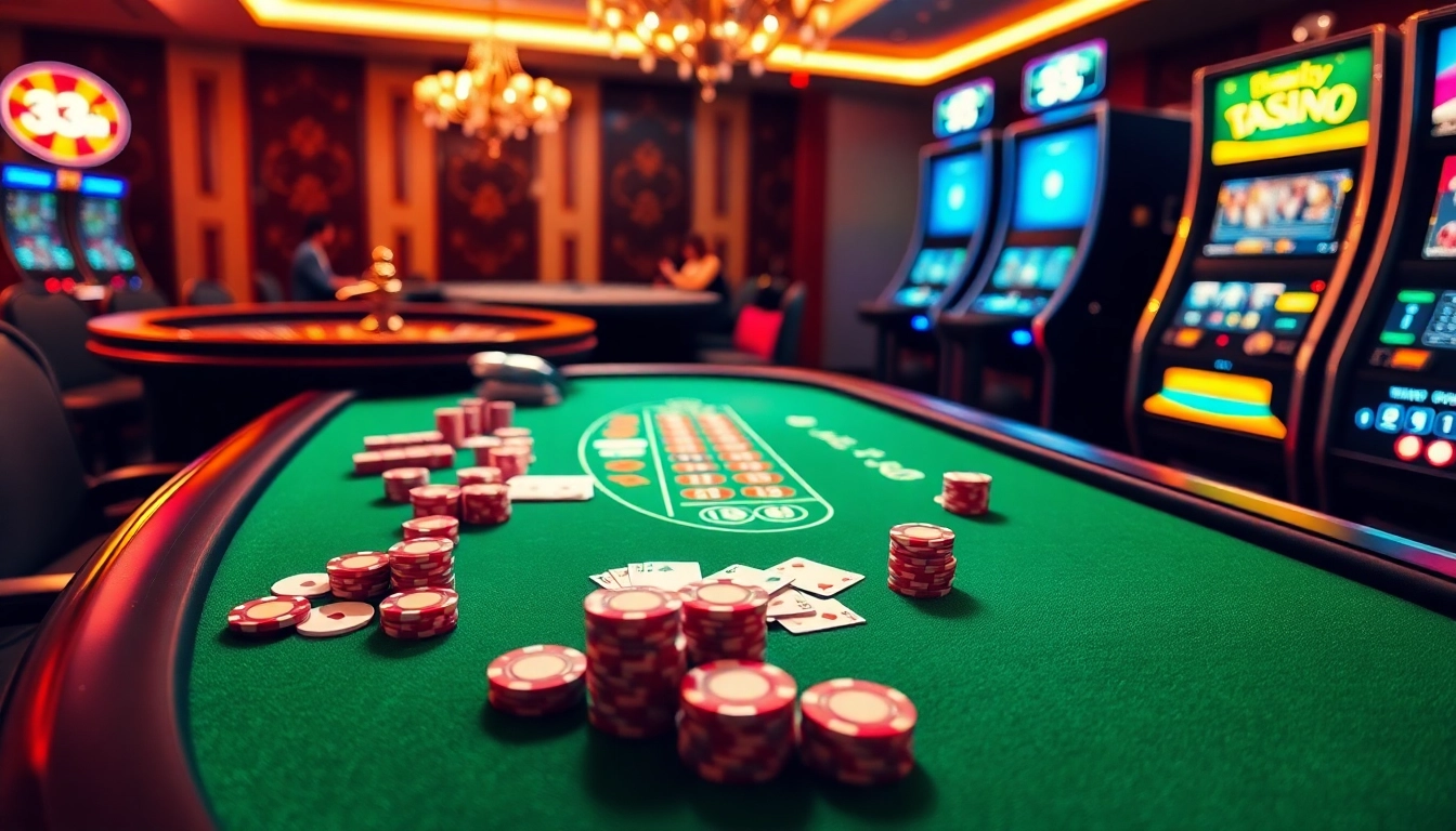 Experience the thrill of 33win with an elegant casino table and vibrant gaming elements.