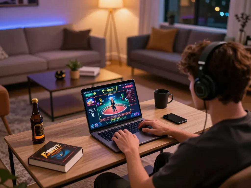 Engaging user playing on F8BET online casino, showcasing a vibrant gaming setup.