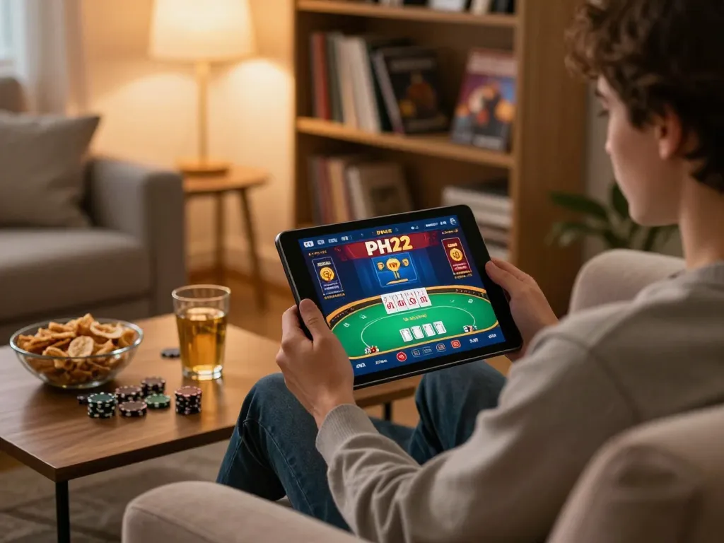 Engaging with PH22 online casino poker game on tablet in a cozy home setting.