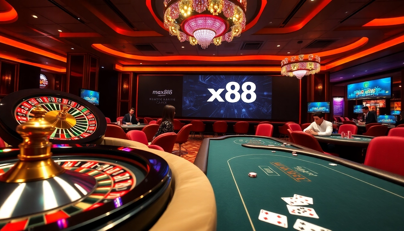 Engage in thrilling games at max88's luxurious casino with poker tables and roulette.