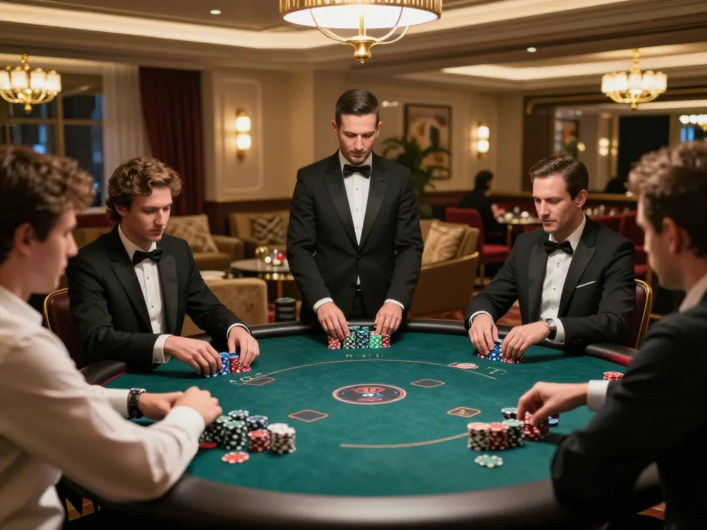 DA88 players engaging intensely in a high-stakes poker game in an upscale casino.