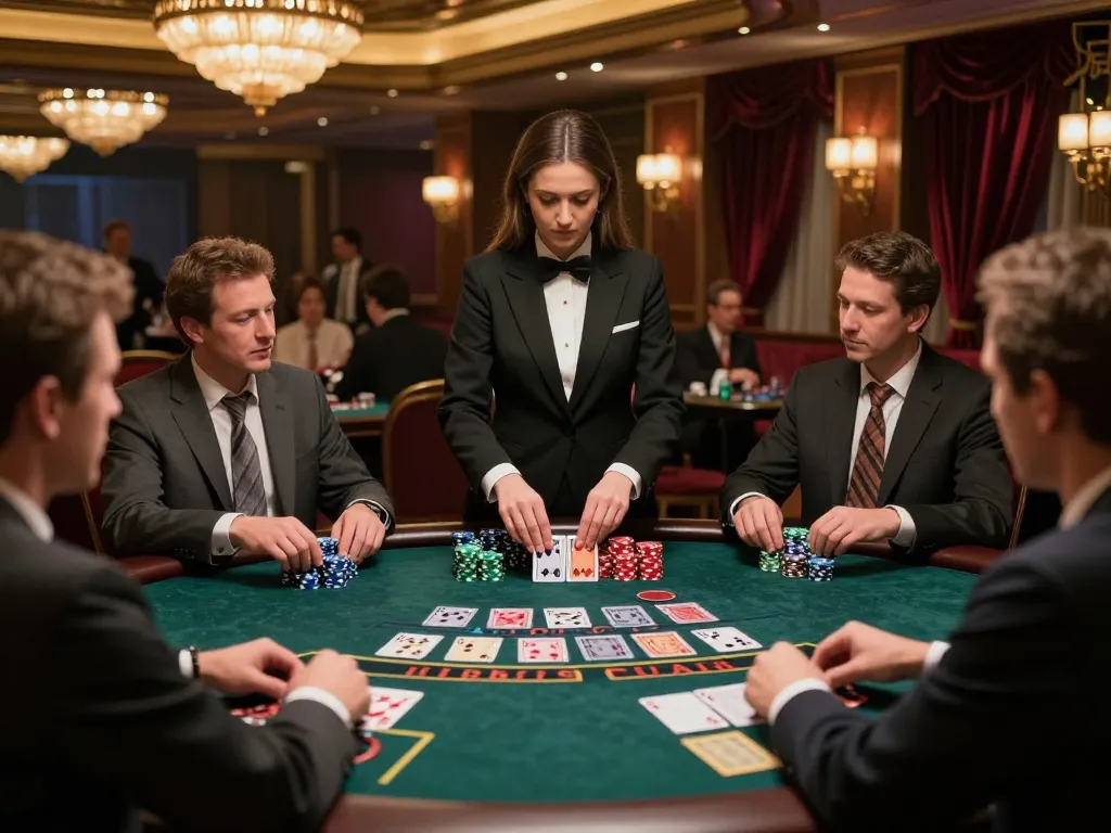 iwin players strategizing during an exciting blackjack hand in an upscale casino setting