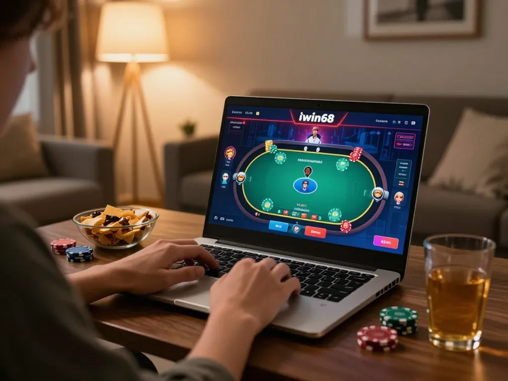 Engaging in online gambling on iwin68 with vibrant poker game interface in a cozy living room.