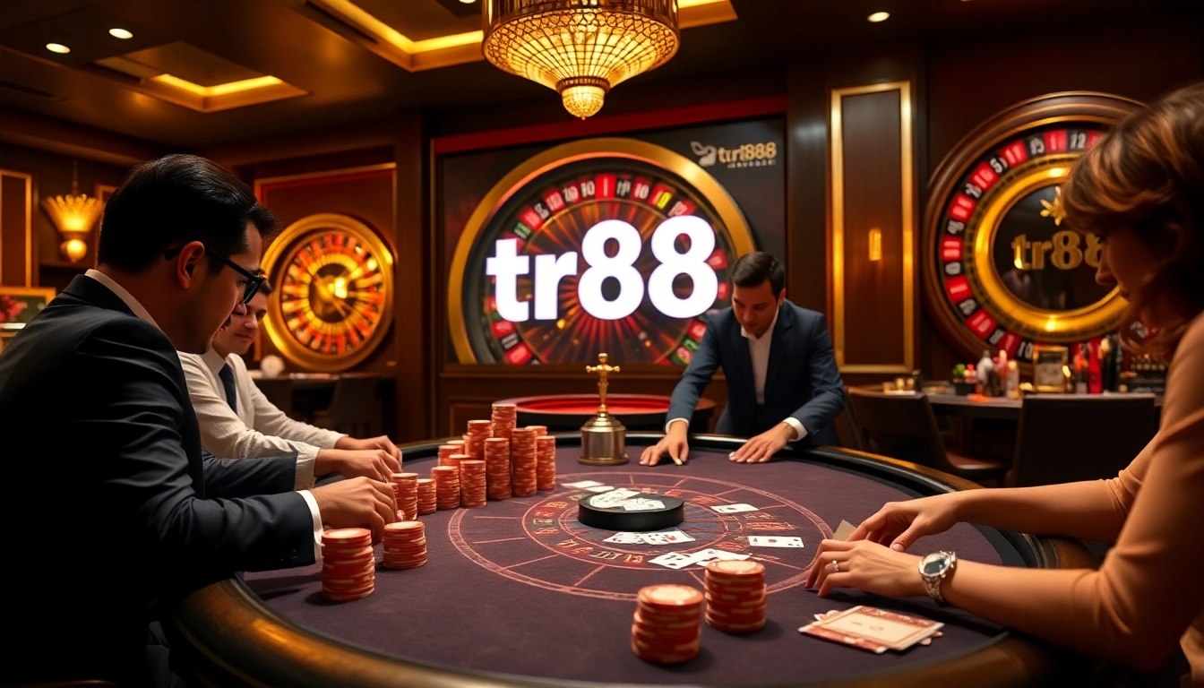 Players at a high-stakes poker table enjoying a thrilling game at tr88 casino.