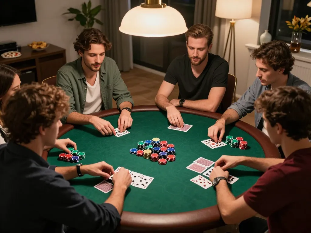 Friends enjoying a poker night at home with SC88 gaming interface on table.