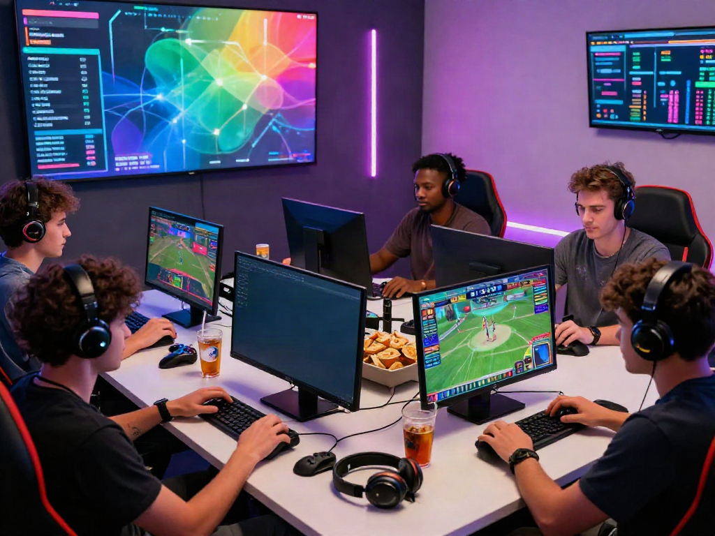 Group of friends enjoying games at a FIVE88 online gaming setup, showcasing sports betting and casino interactions.