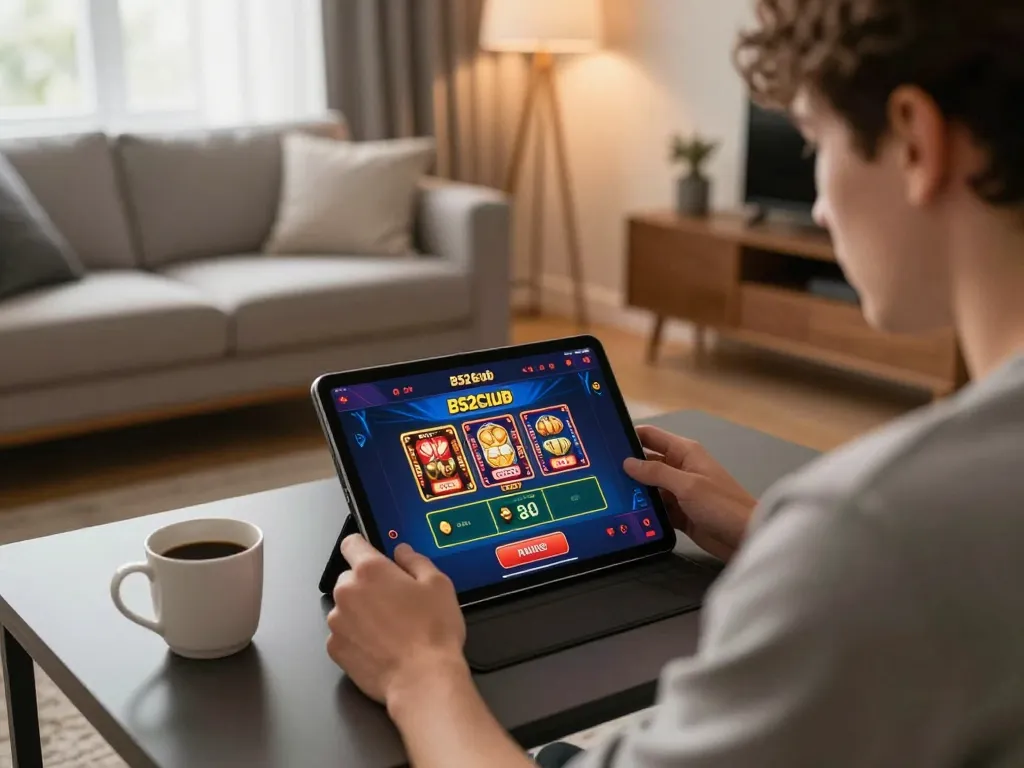 B52Club player engages with online casino app on tablet in cozy home setup