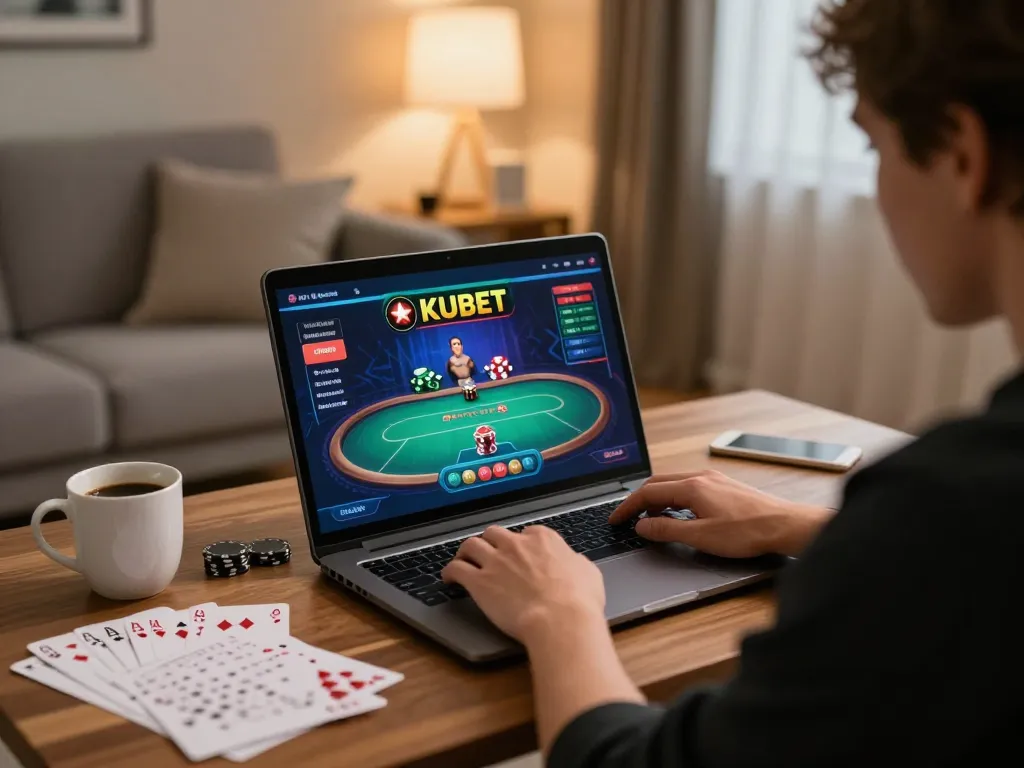 KUBET player enjoying online poker on laptop while managing bankroll at home ambiance