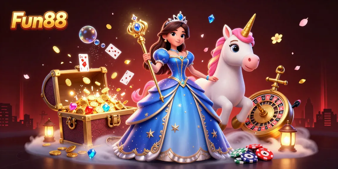 Engage in exciting gameplay with Fun88 at a vibrant casino scene featuring colorful gambling elements.
