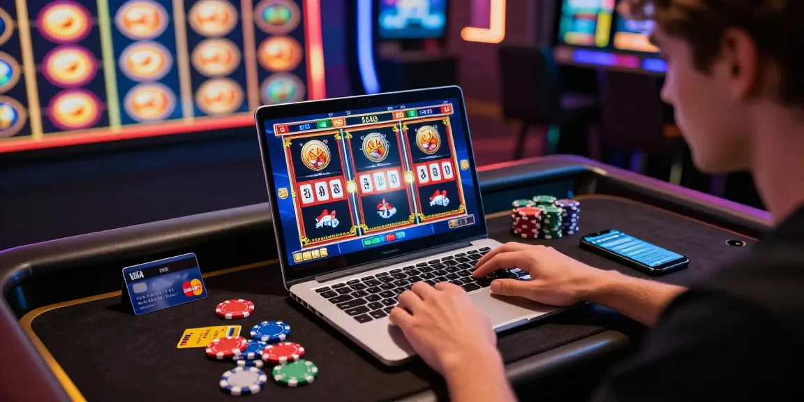 Player enjoying games at casinos that accept credit cards with Visa and Mastercard, colorful chips and cards visible, dynamic casino atmosphere.