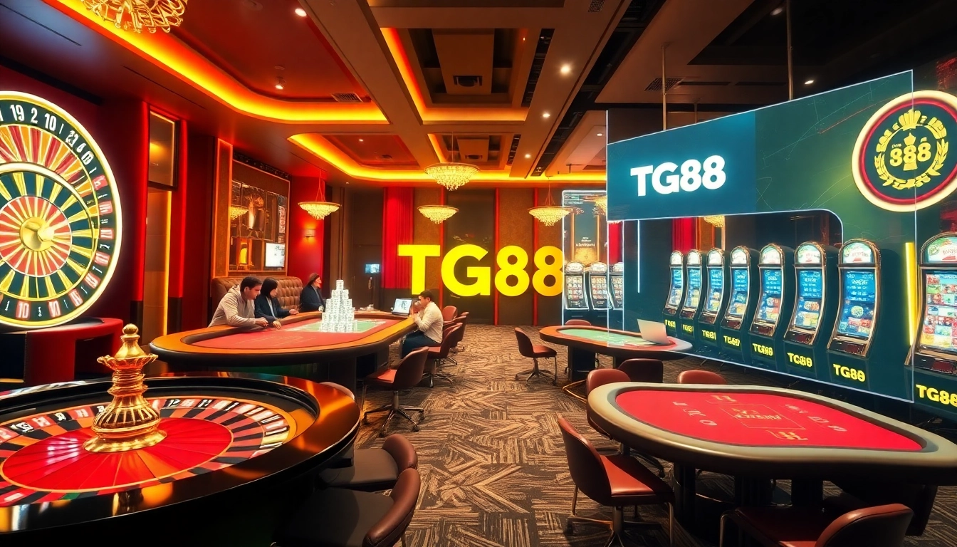 Experience thrilling gaming at https://tg88.to/ with players enjoying poker and roulette at a vibrant online casino.