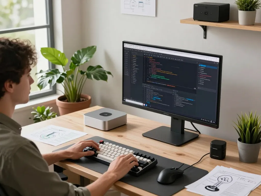 Professional workspace featuring a mac mini setup with code on screen and a modern office vibe.