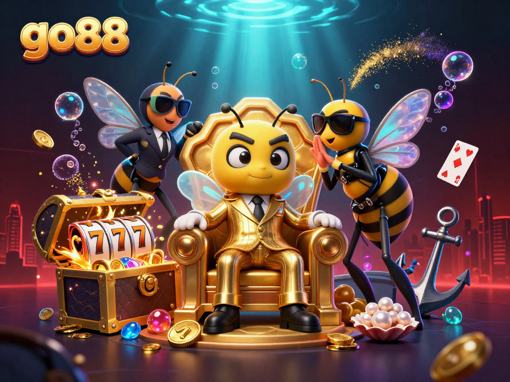Experience the thrill of go88 with a dynamic 3D casino scene featuring a cartoon bee boss, stunning games, and rich details.
