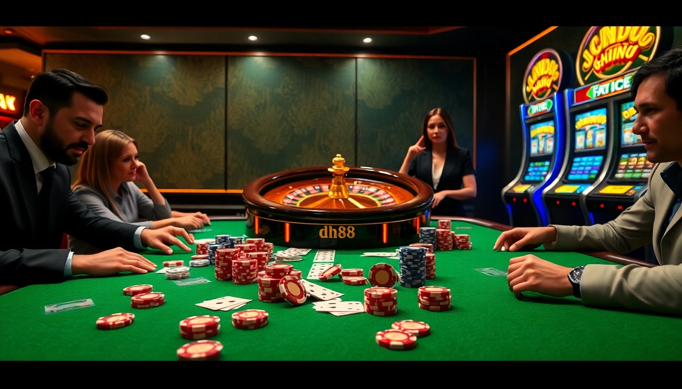 Gamblers at a high-stakes table with dh88 poker chips, a roulette wheel, and vibrant slot machines.