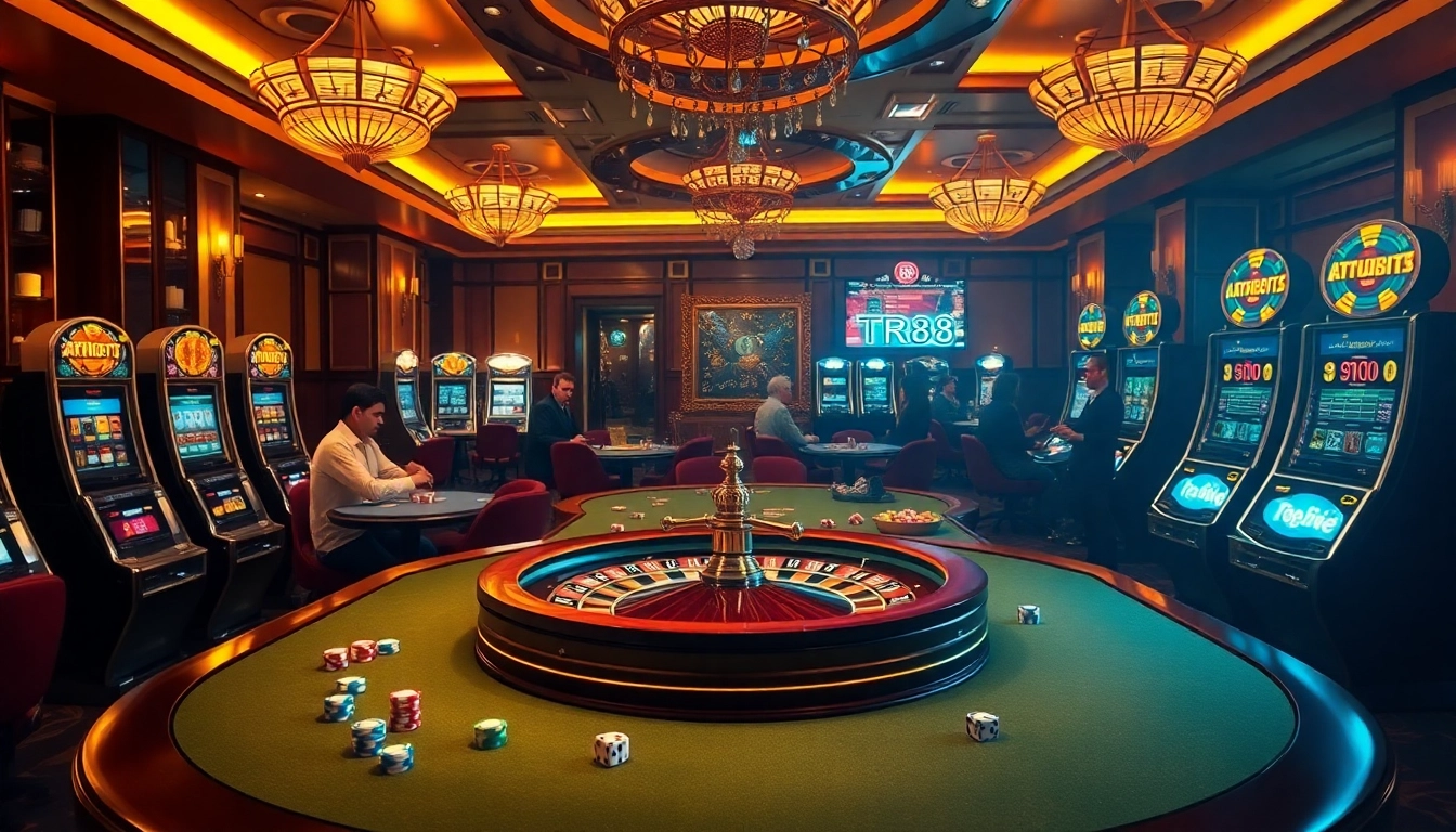 Experience high-stakes excitement with TR88 in this luxurious casino setting featuring roulette and poker tables.
