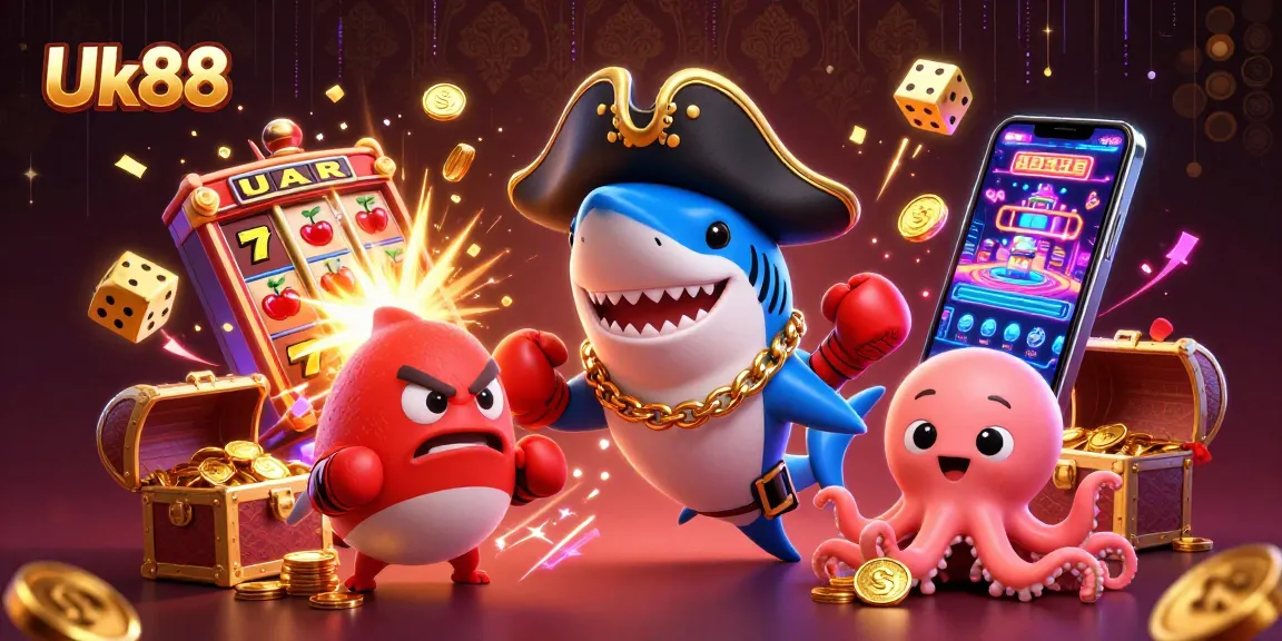 Uk88 casino scene with a pirate shark, pufferfish, and octopus amidst slots and gold coins.