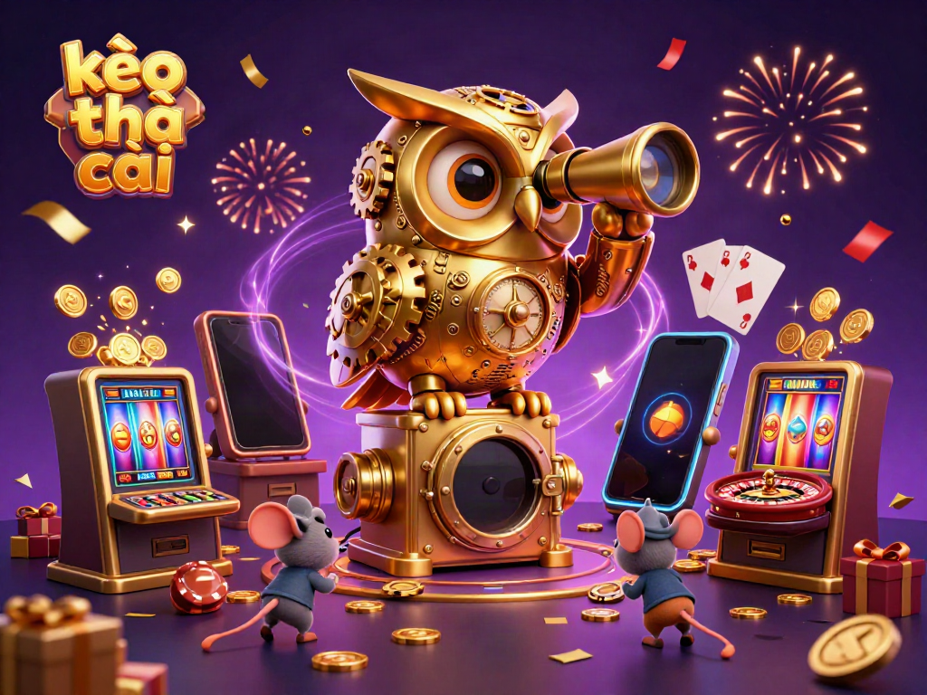 Engage with kèo nhà cái's vibrant 3D casino scene, showcasing a golden owl and wind-up mice amidst dynamic gaming elements.