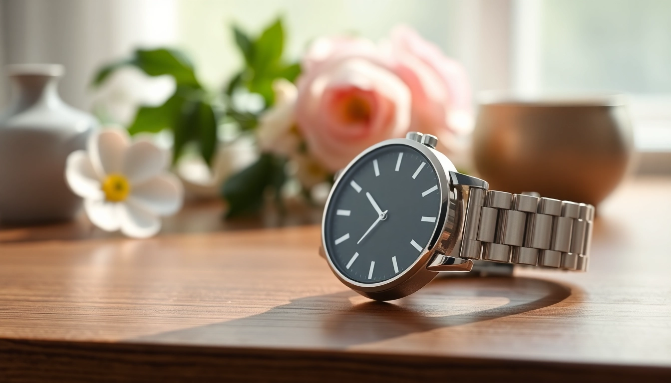 Showcasing the Ladies Classic Smart Watch on a stylish wooden table, highlighting its elegance.