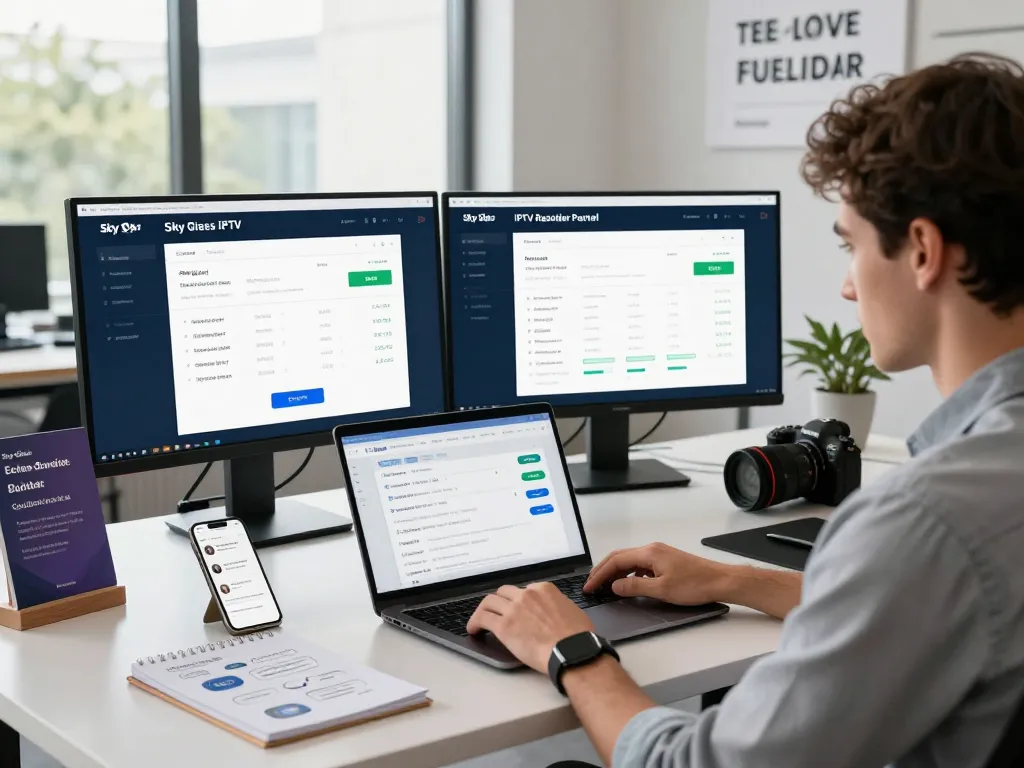 Engaged entrepreneur using Sky Glass IPTV Reseller Panel in a modern workspace, showcasing dynamic subscription management and analytics.