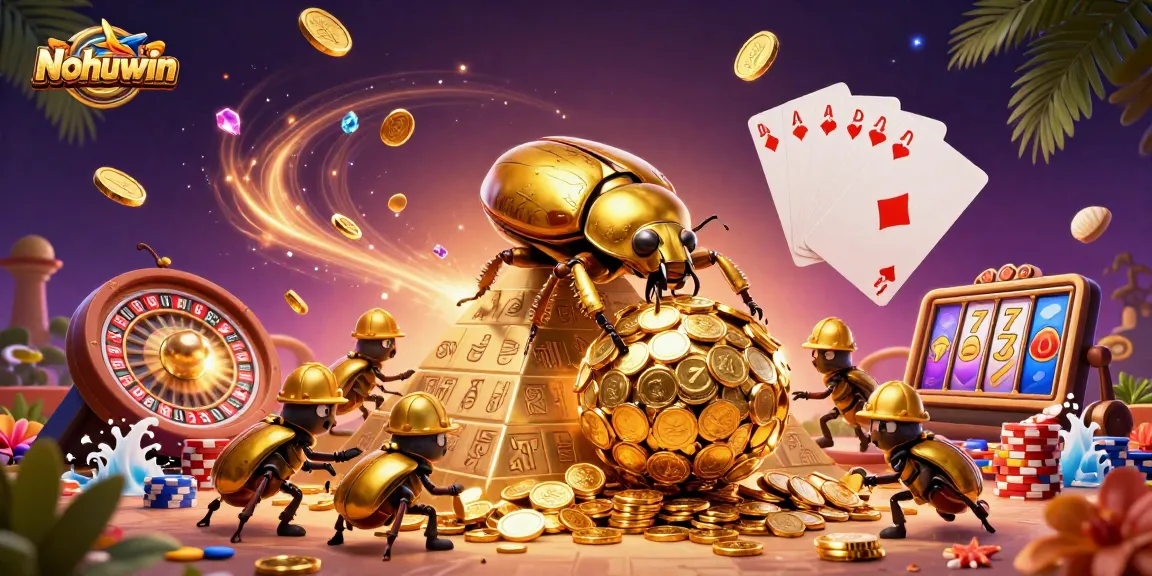 Nohuwin enhances gaming excitement with a vibrant 3D illustration of a golden dung beetle and casino symbols.