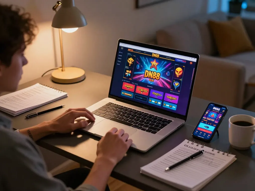 Engaging player enjoys DN88's online casino platform on their sleek laptop, warm lighting enhances the atmosphere