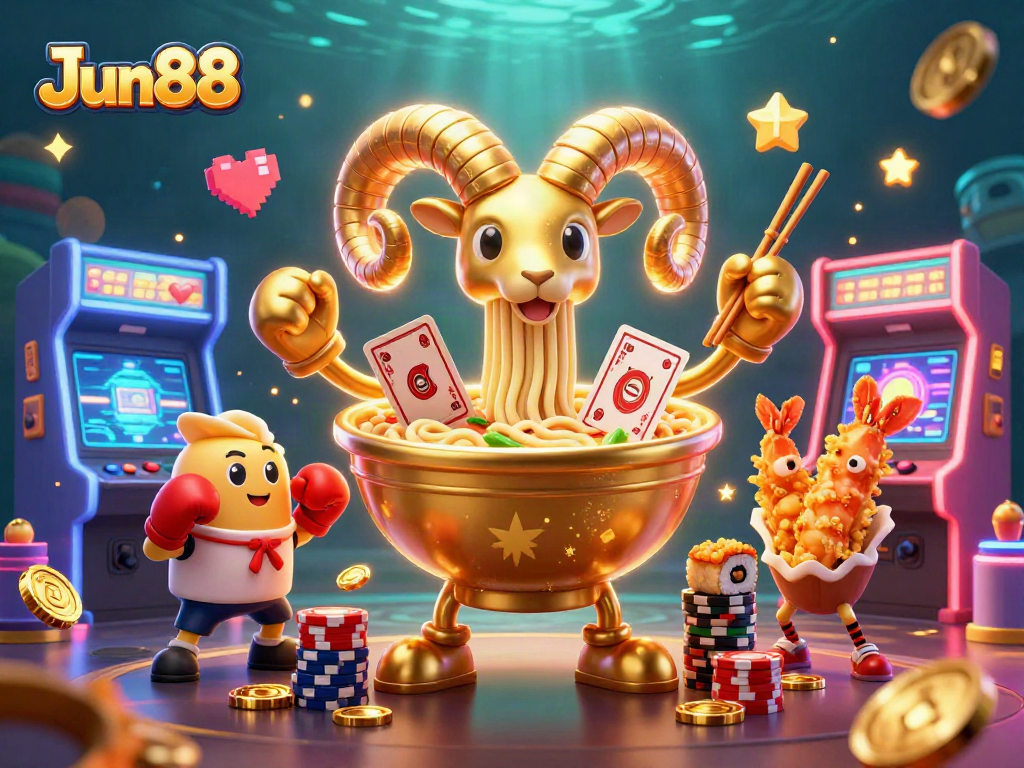 Experience exciting gameplay with Jun88: a vibrant 3D gaming scene featuring colorful casino characters.