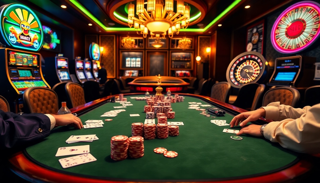 Experience the thrilling atmosphere of 8kbet with high-stakes poker and vibrant casino visuals.