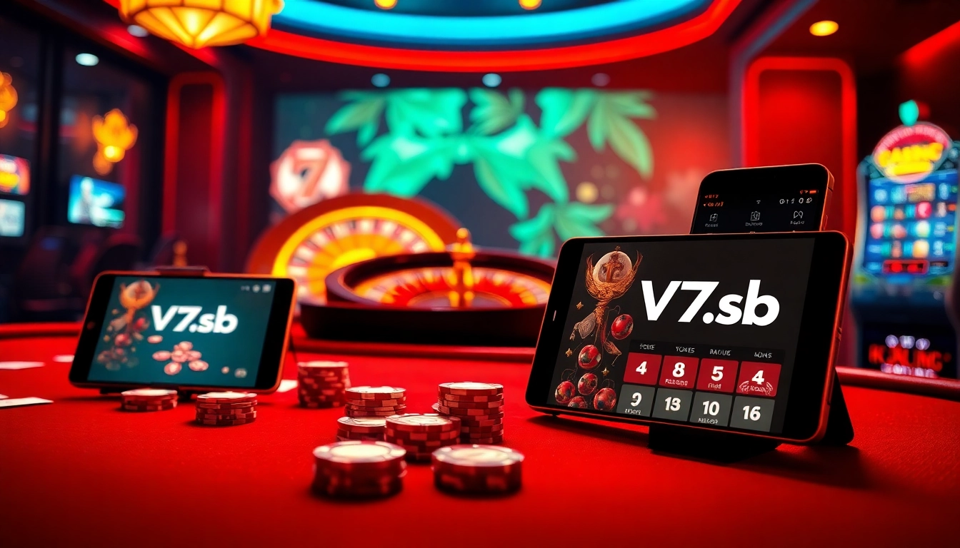 Exciting online gambling experience featuring V7sb.com with poker chips, cards, and a roulette wheel.