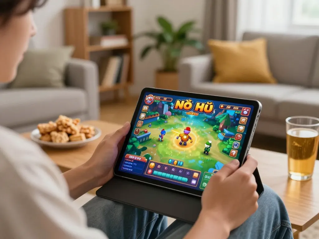 Nổ Hũ gameplay on a tablet showcasing excitement and engaging graphics in a comfortable home setting.