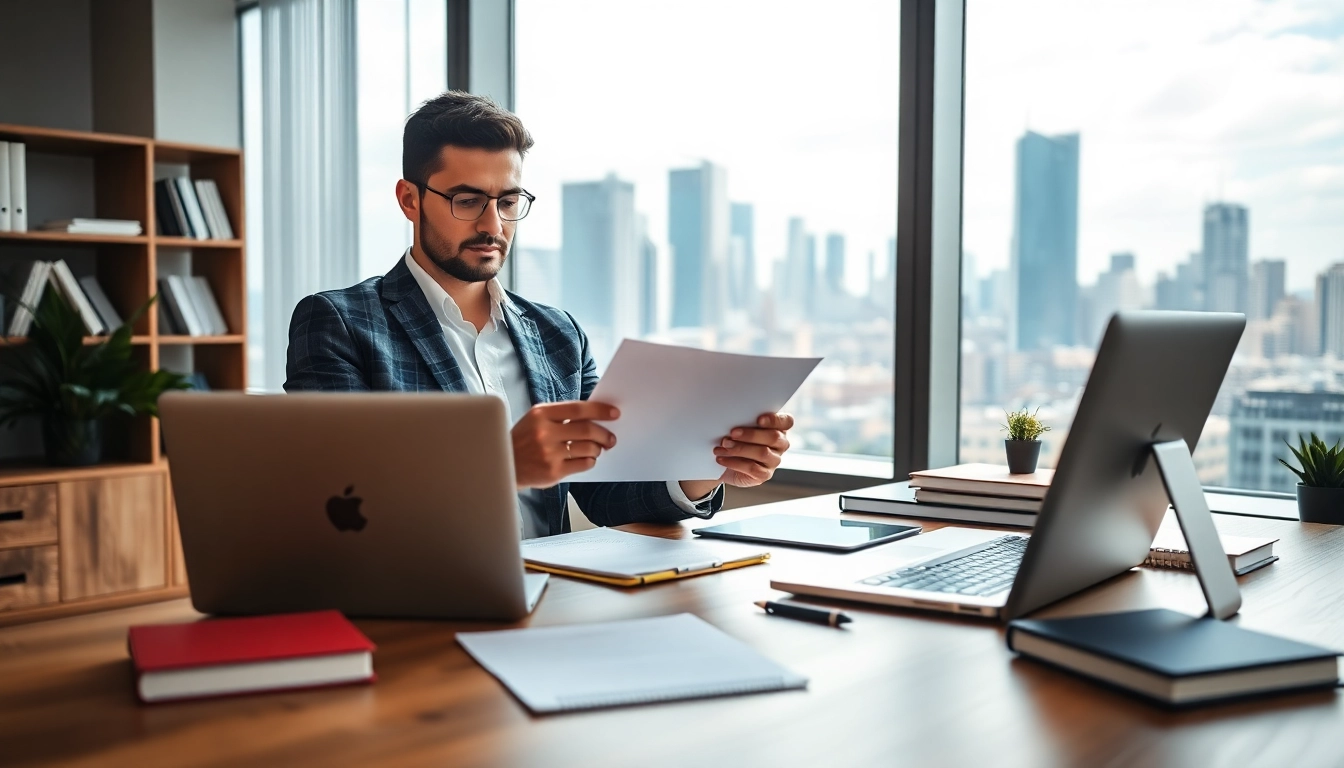 Self employed entrepreneur working in a modern office with a vibrant city view.