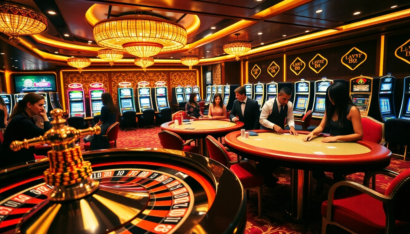 Players enjoy thrilling games at 8kbet casino with exciting poker chips and roulette wheels.