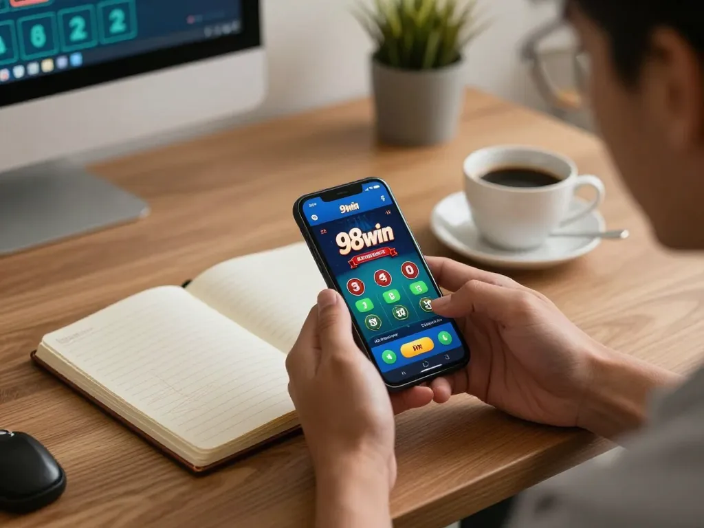 Engaged player exploring games on the 98win app in a cozy home setting