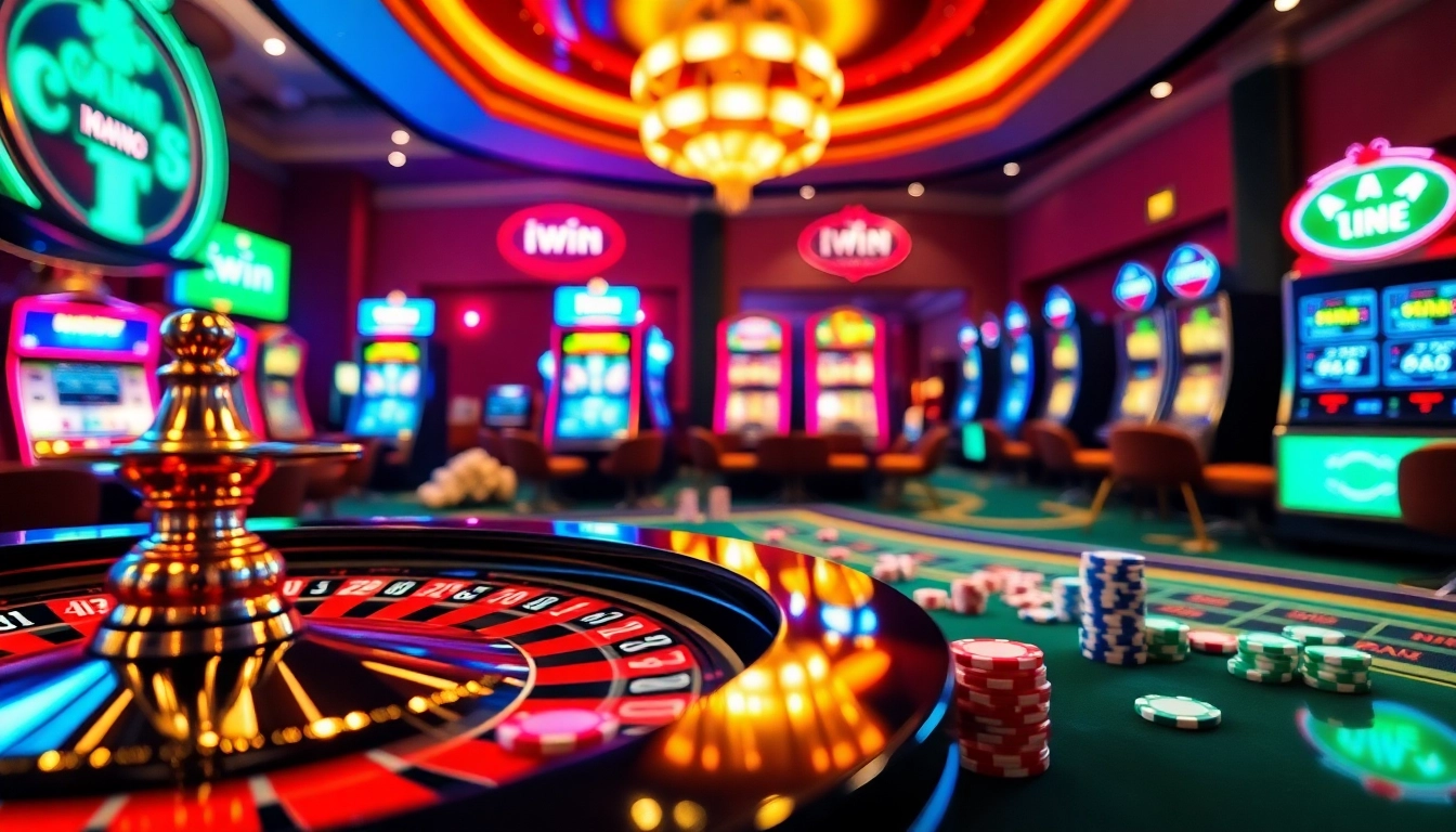 Iwin online gambling table with vibrant poker chips and a roulette wheel for exciting gameplay.
