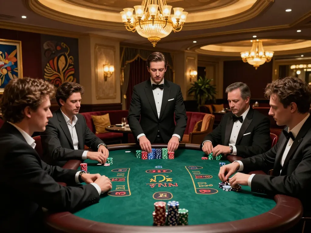 Join the excitement at https://du88.autos/ with players strategizing blackjack bets amid luxurious decor.