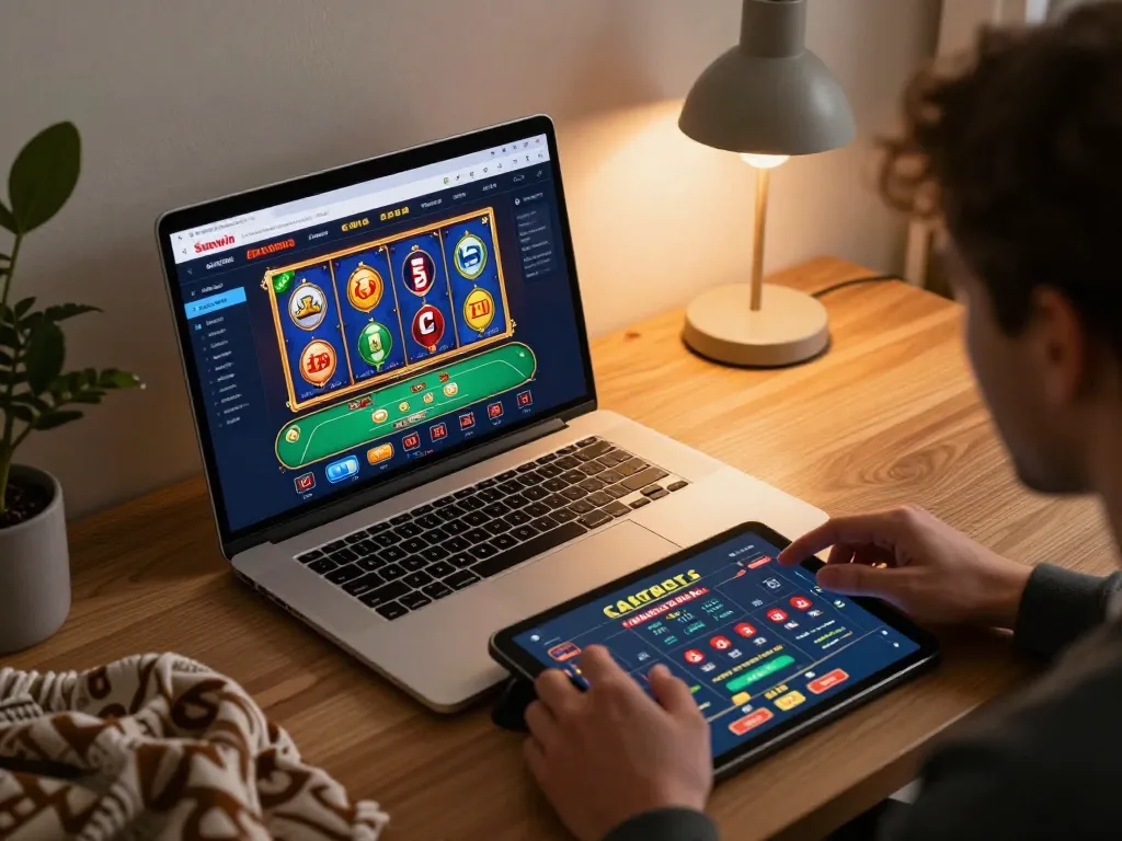 Sunwin online casino gaming setup featuring player strategizing on laptop and tablet