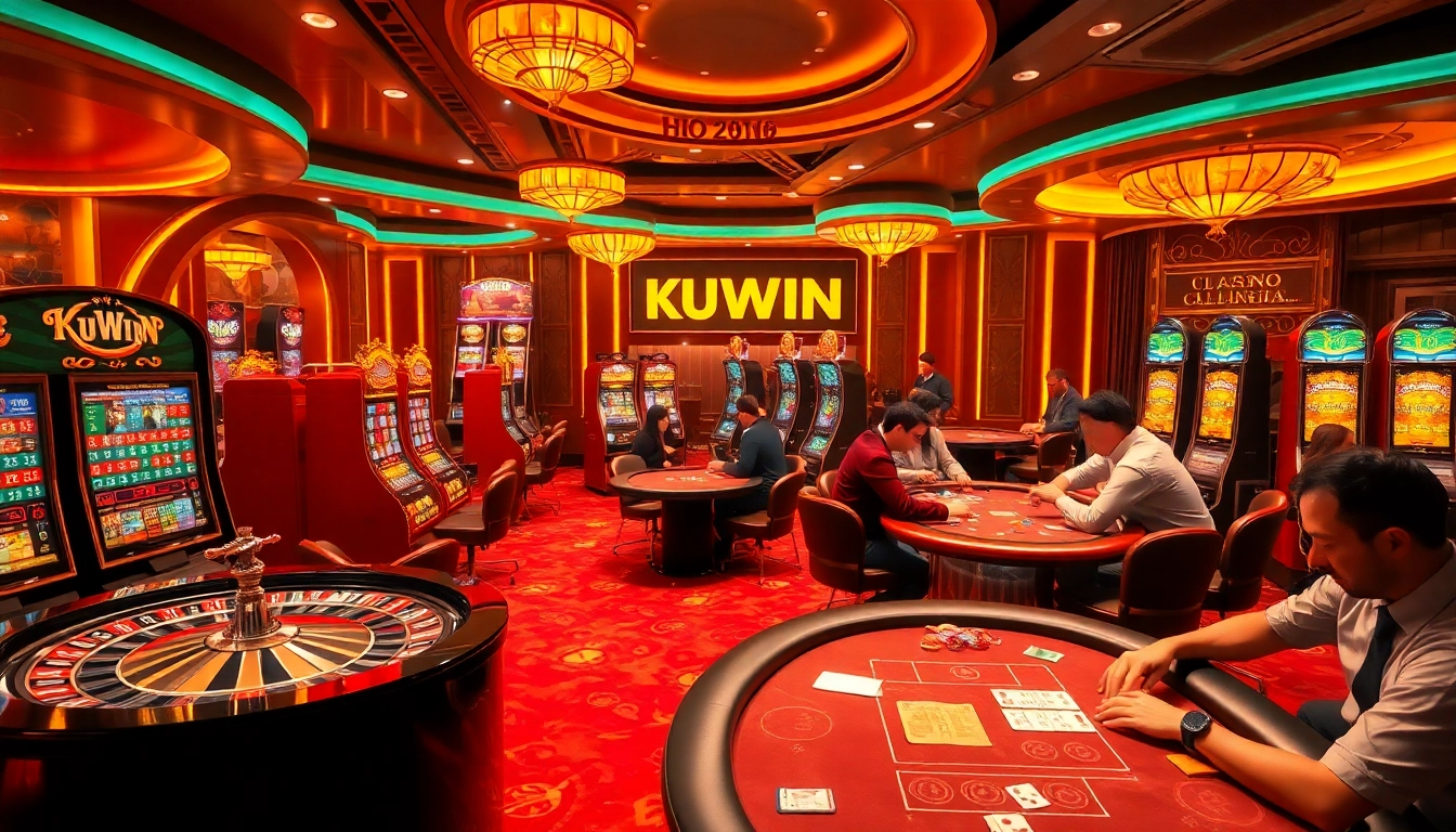 Engaged players at a KUWIN casino table, experiencing vibrant excitement with roulette wheels and poker games.