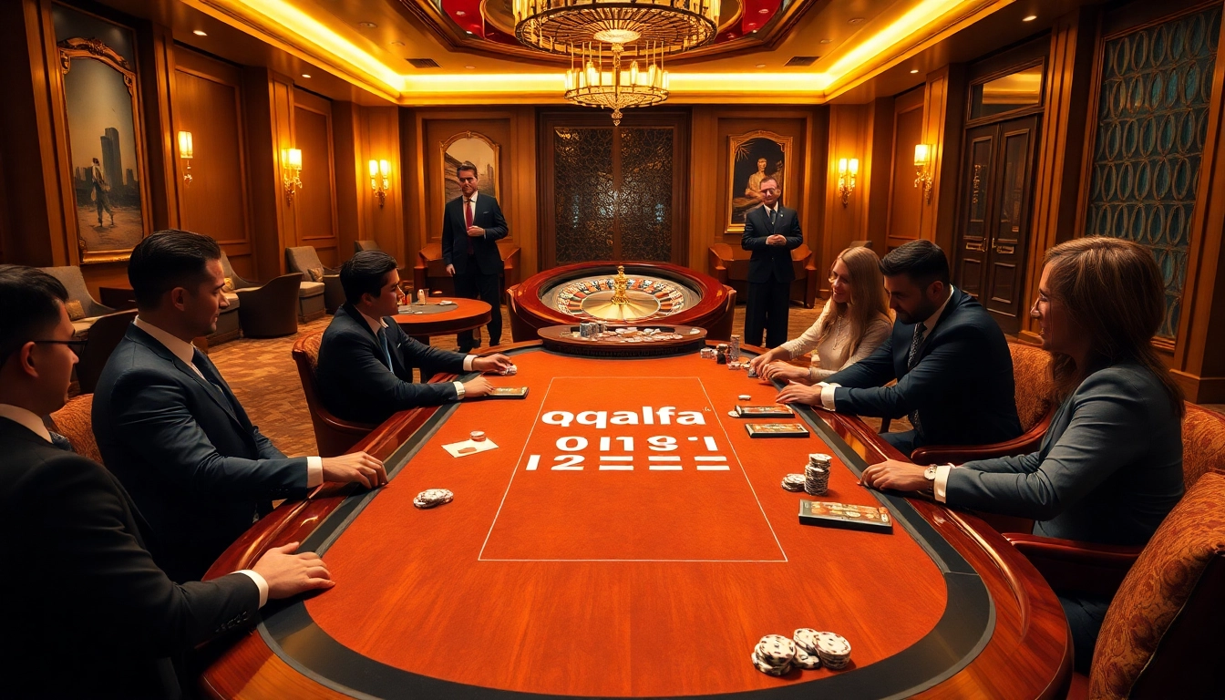 Play high-stakes poker at qqalfa's luxurious casino with vibrant decor and excitement.