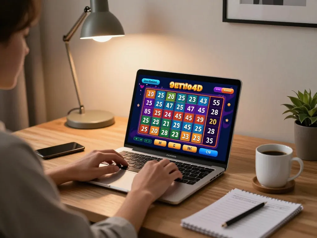 Engaging scene of a player checking lotto 4d 9 results on a laptop, illustrating modern home gaming.
