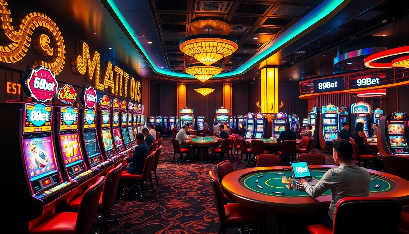 Experience the excitement of 89bet in a luxurious casino setting filled with vibrant slot machines and engaged players.