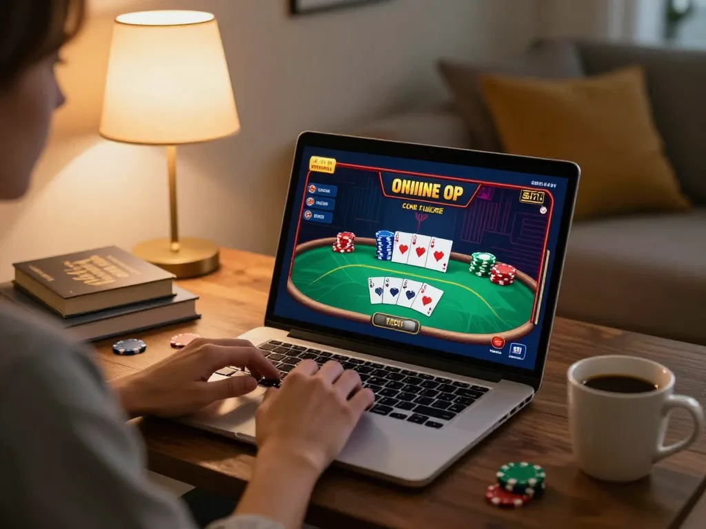 FLY88 player engaging in online casino poker game in a cozy home setting