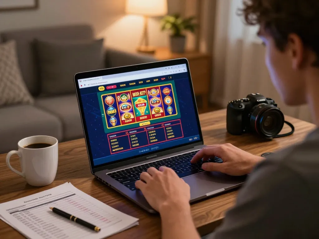 Player enjoying online slots and betting on new pk luck casino from home, showcasing modern gaming setup.