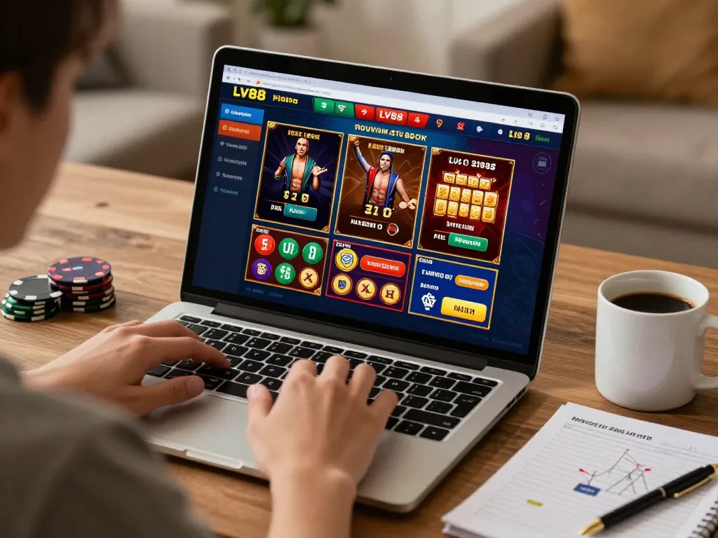 Engaging with LV88 casino games on a laptop, showcasing online gambling strategy in a cozy home environment.