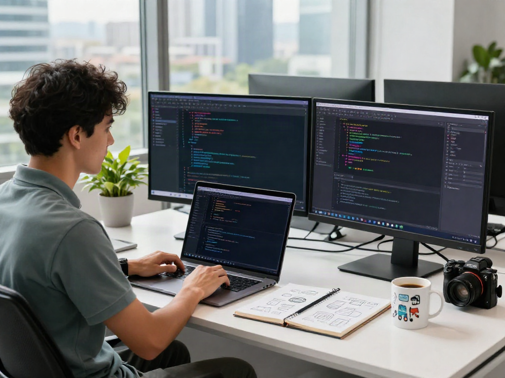 Instant indexing solutions in a modern tech workspace with coding, documents, and plants.