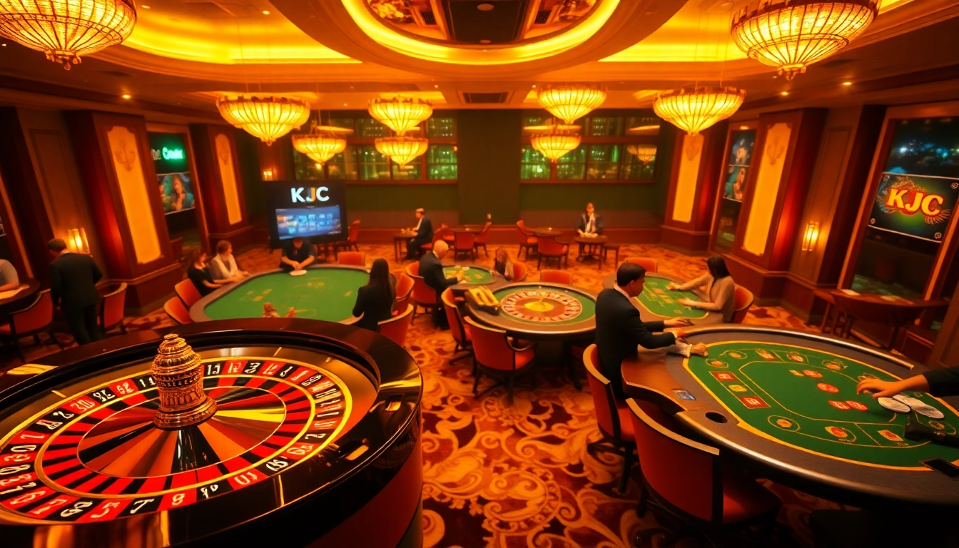 KJC showcases thrilling casino games with an elegant atmosphere and vibrant roulette wheels.