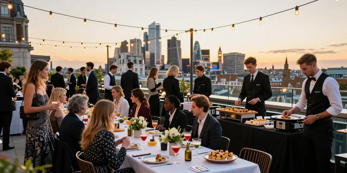Catering Hire London event with guests enjoying gourmet dishes and skyline views.