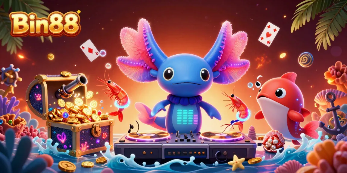 Spin into action with Bin88's vibrant underwater casino scene featuring a neon axolotl DJ and friends.